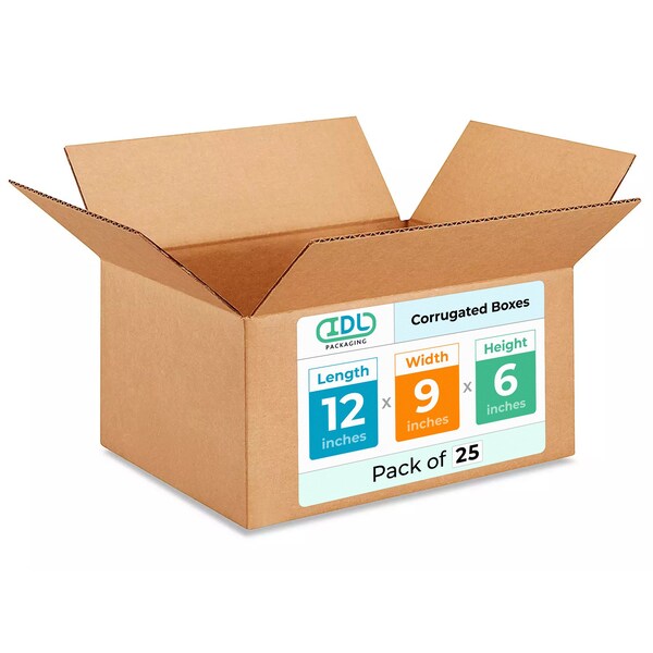 Idl Packaging 12 in x 9 in x 6 in Shipping Box, Kraft, Corrugate, Single Wall, 200#, 25 PK B-1296-25 - main